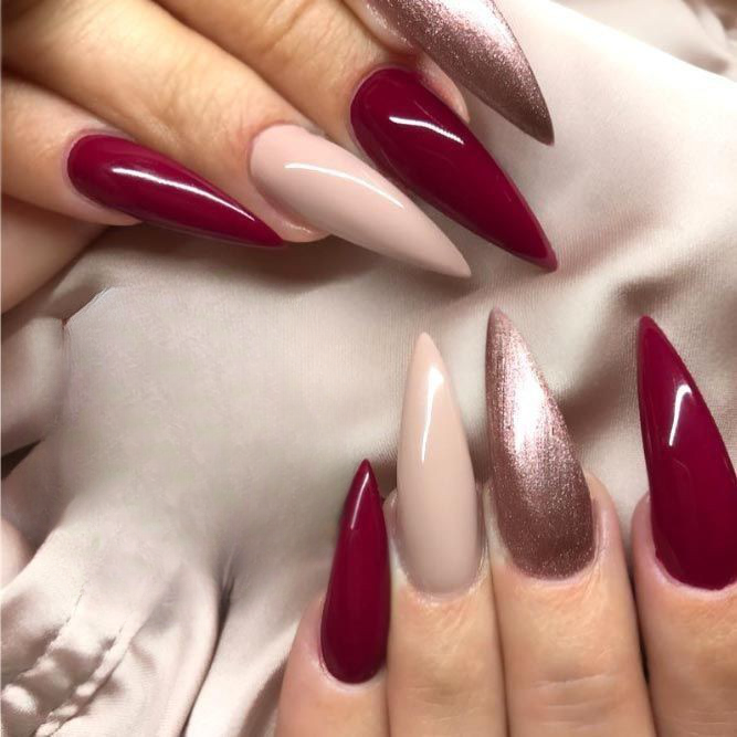 Glossy Maroon Nude Glitter Press on Fake Artificial Nails / tns534