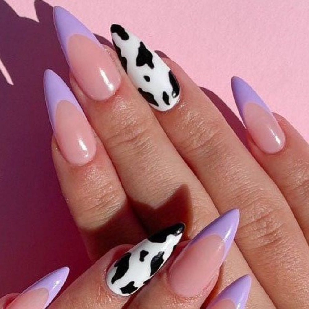 Glossy Purple French Animal Print Press on Fake Artificial Nails / tns720