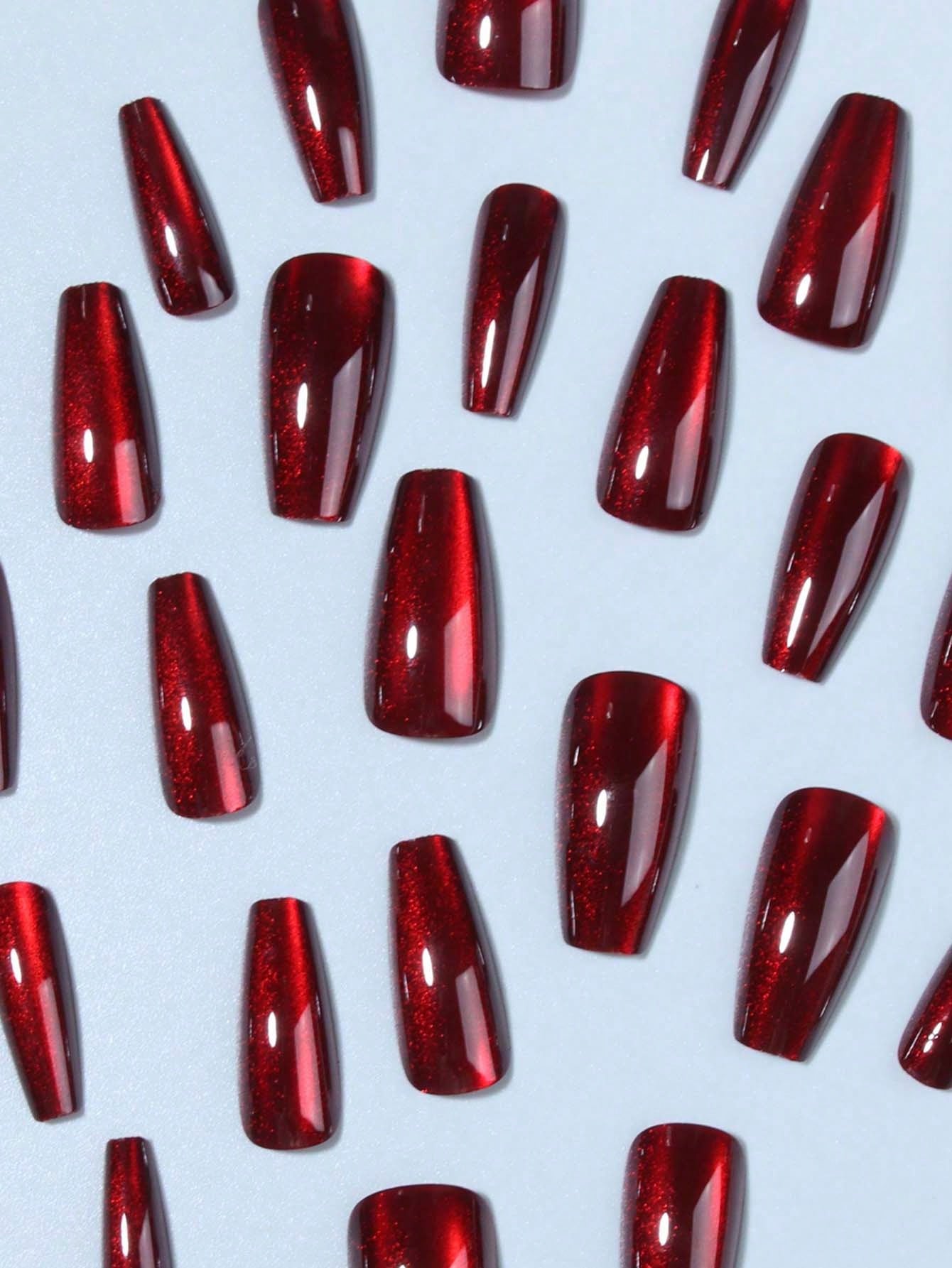 Red Cat Eye 3D Magnetic Press On Fake Nails Ballerina