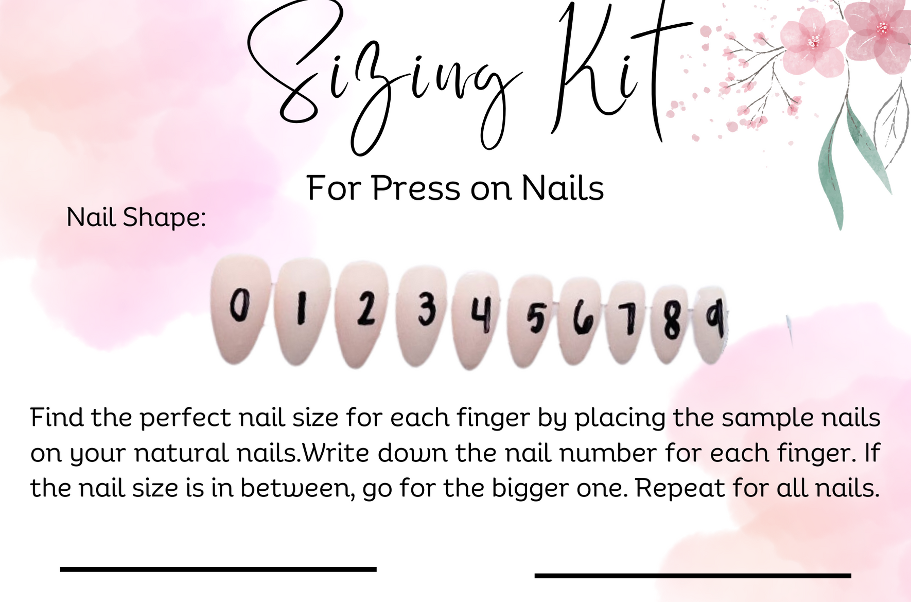Printable Nail Size Chart False Or Artificial Nails Sizing Kit,