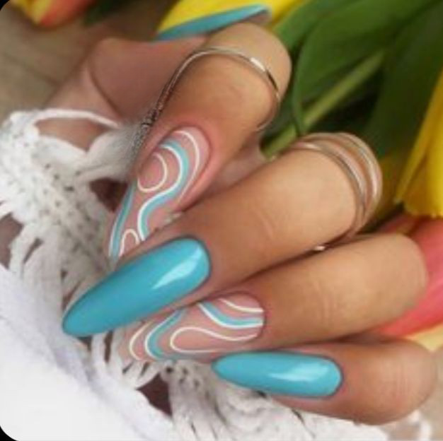 Glossy Light Blue Swirls Press on Fake Artificial Nails / tns687