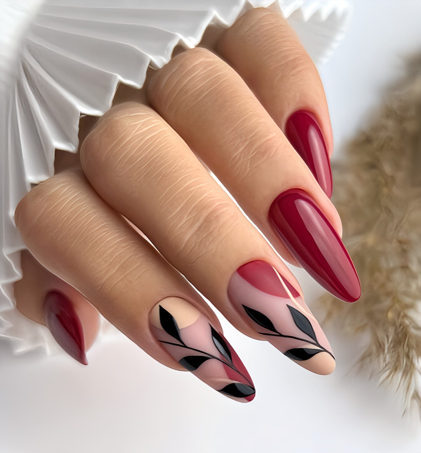 Glossy Maroon Floral Press on Fake Nails // tns979