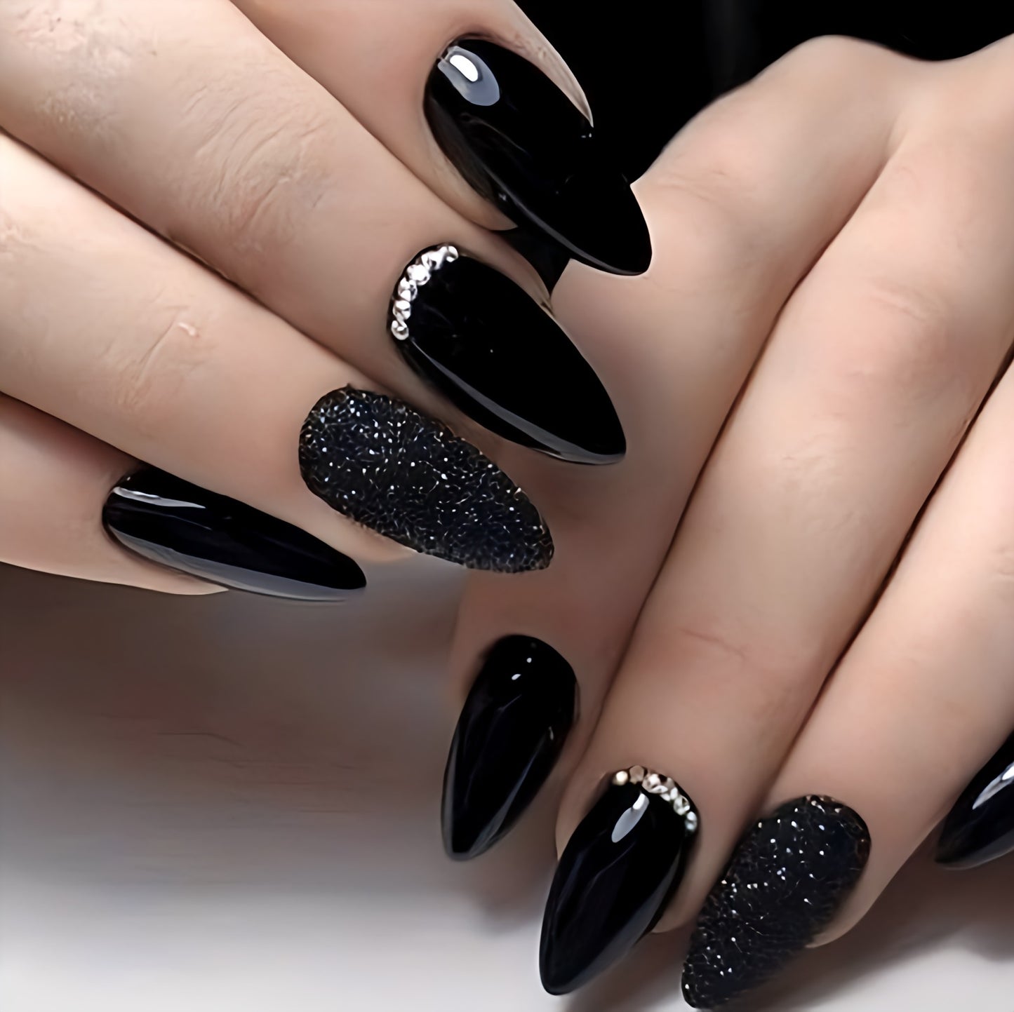 Glossy Black Glitter Studded Press on Fake Nails // tns306
