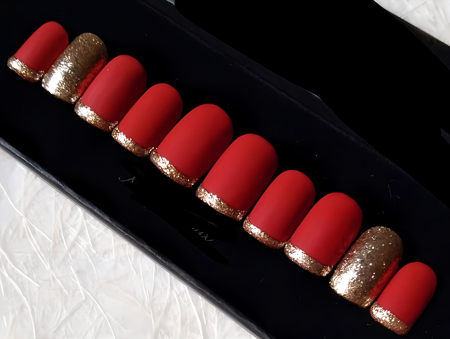 Matte Red French Glitter Press on Fake Nails // tns383