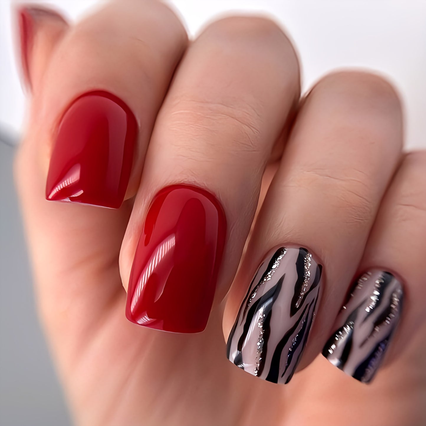 Glossy Red Printed Press on Fake Nails // tns393