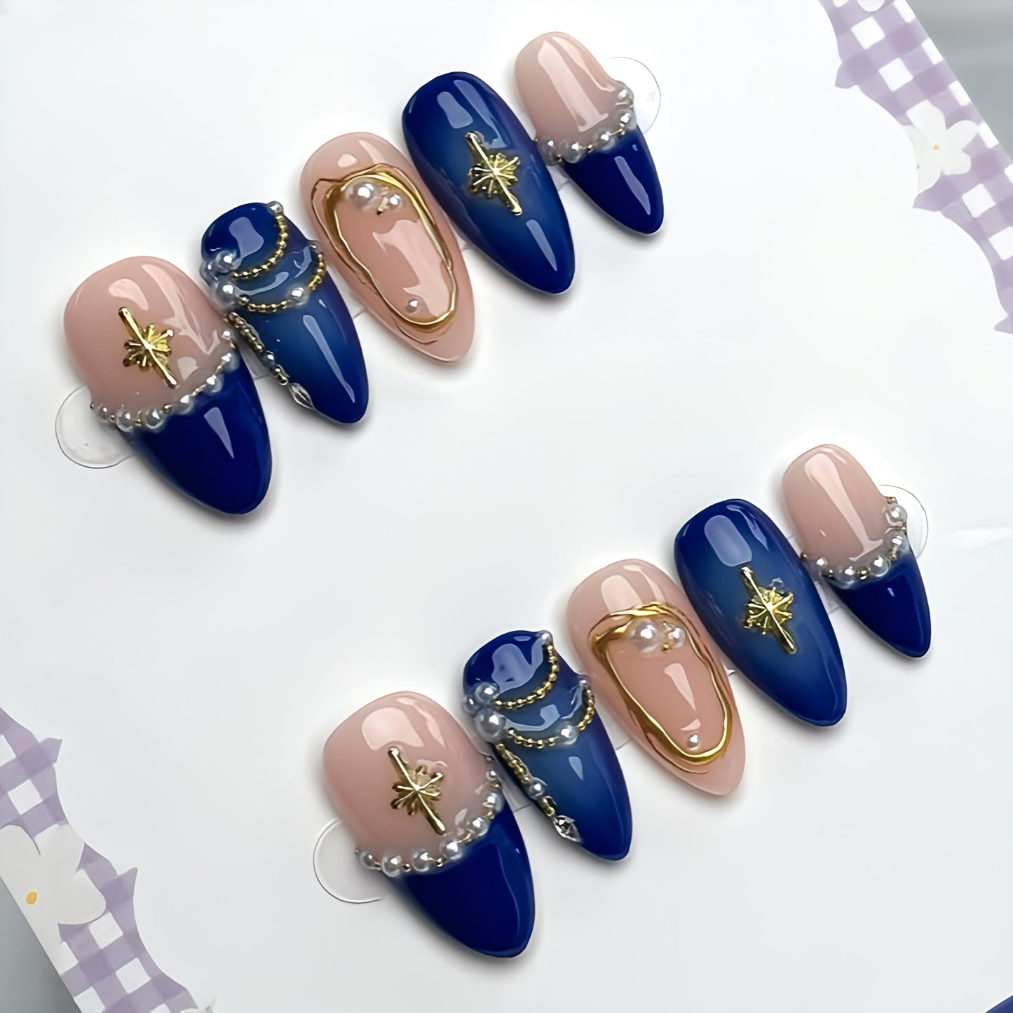 Navy Blue and Nude Press On Nails with Pearls, Gold Stars & 3D Charms – Reusable Long-lasting Tips tns5384