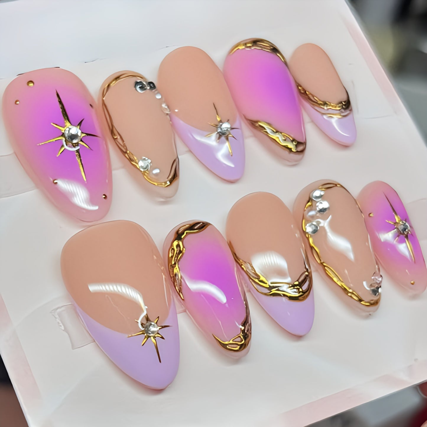 Pink and Nude Ombre Press On Nails with Gold Chrome, Rhinestones & Star Charms tns5385