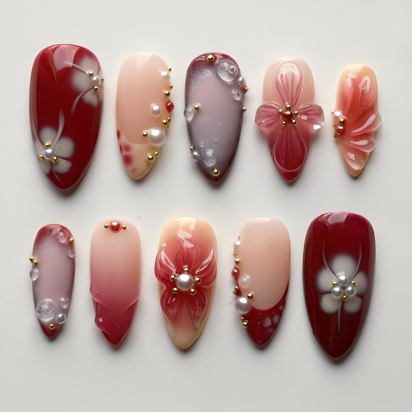 Red Floral Press On Nails with 3D Flowers, Pearls & Gold Beads tns5387