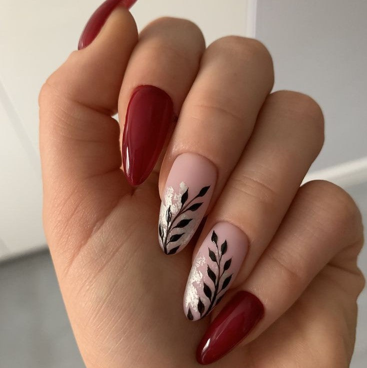 Glossy Maroon Floral Press on Fake Artificial Nails / tns501