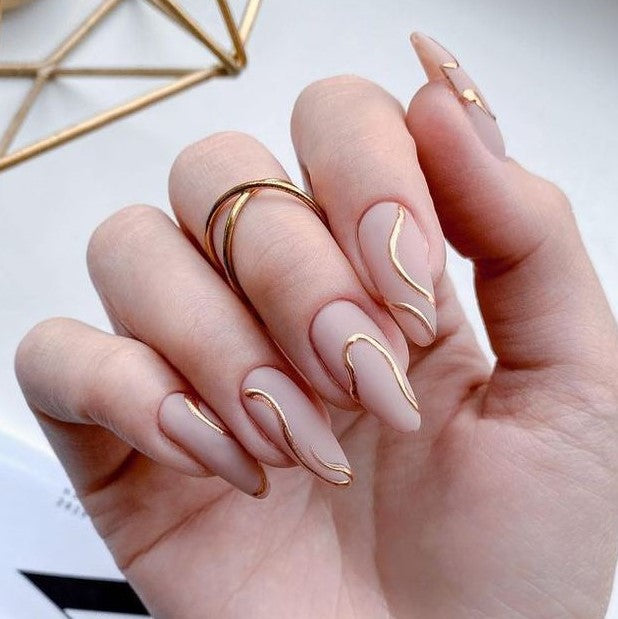 Matte Nude Chrome Swirls Press on Fake Artificial Nails / tns662