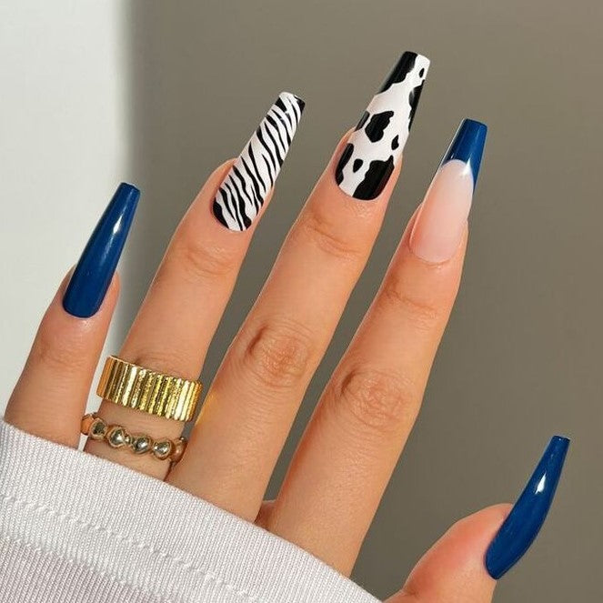 Glossy Blue French Animal Print Press on Fake Artificial Nails / tns621