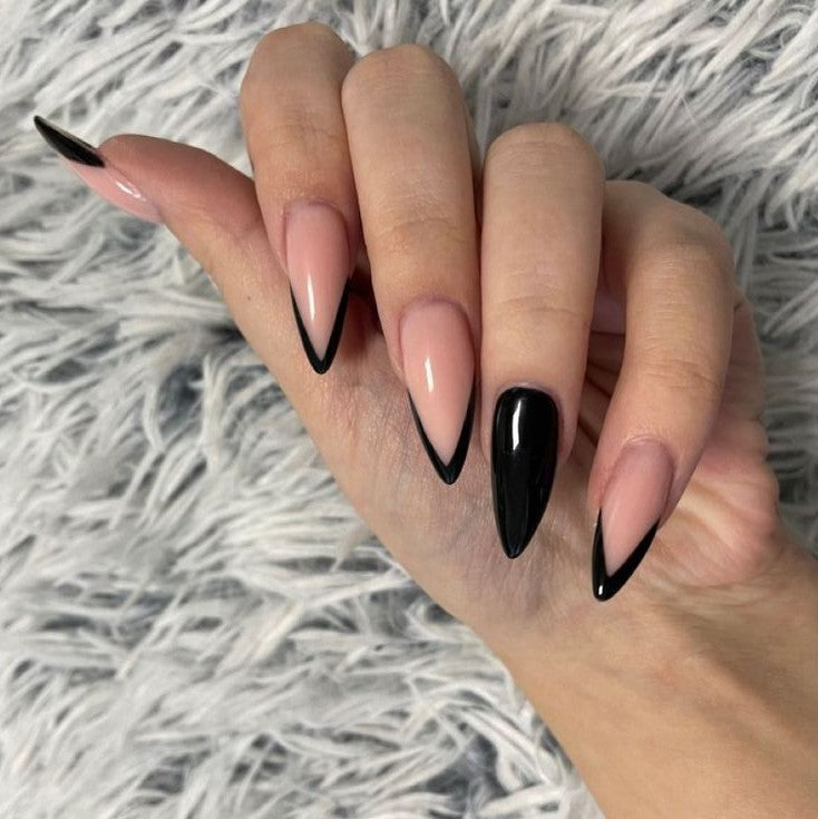 Glossy Black and Nude French Press on Fake Artificial Nails / tns605