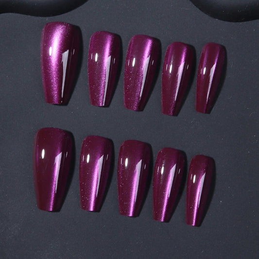 Purple Cat Eye 3D Magnetic Press On Fake Nails Ballerina