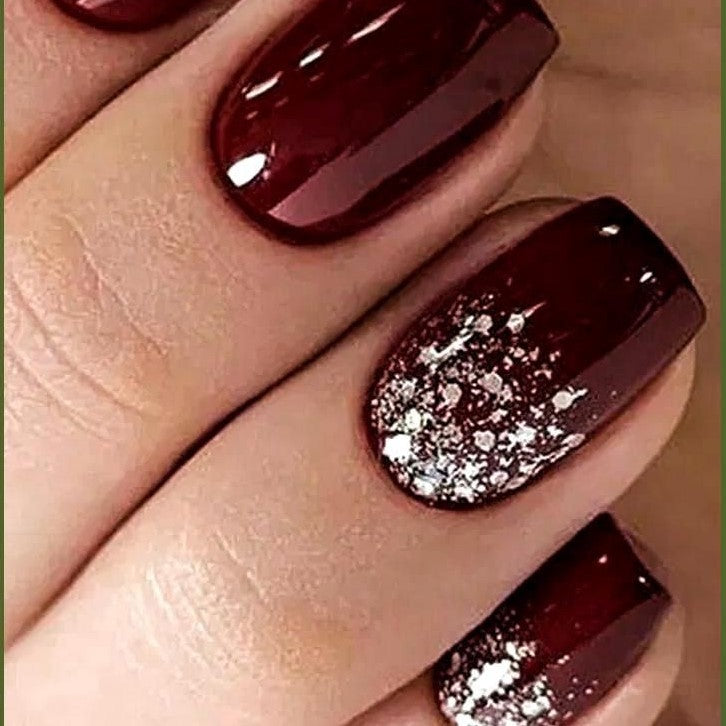 Glossy Maroon Glitter Ombre Press on Fake Nails // tns159