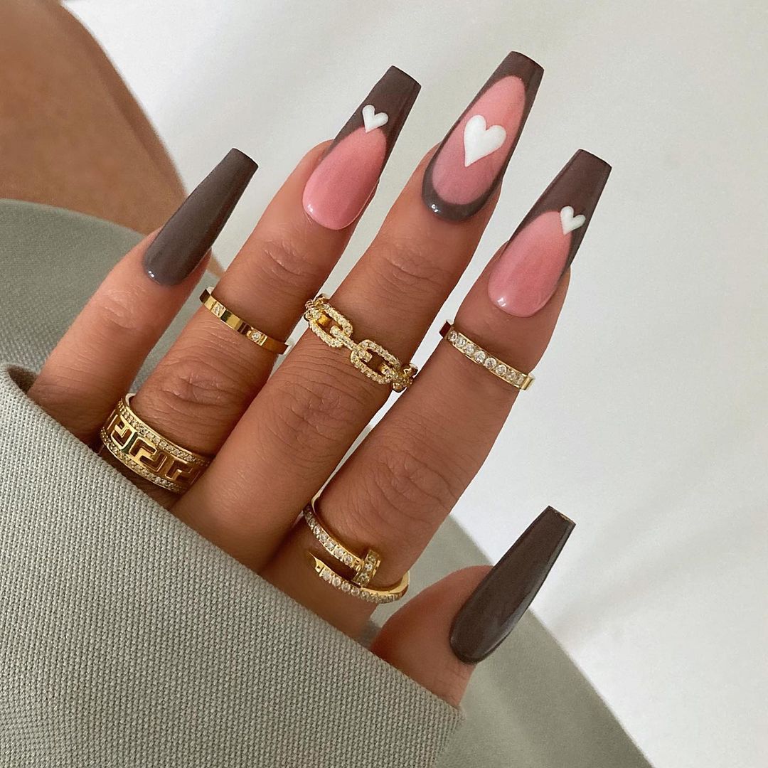 Glossy Brown Hearts Press on Fake Nails // tns198