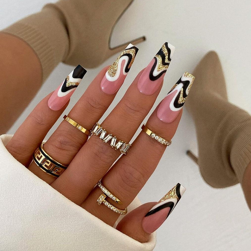 Glossy Golden Swirls Press on Fake Nails // tns200