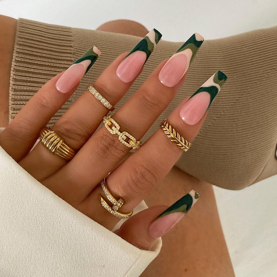 Glossy Army Green French Press on Fake Nails // tns199