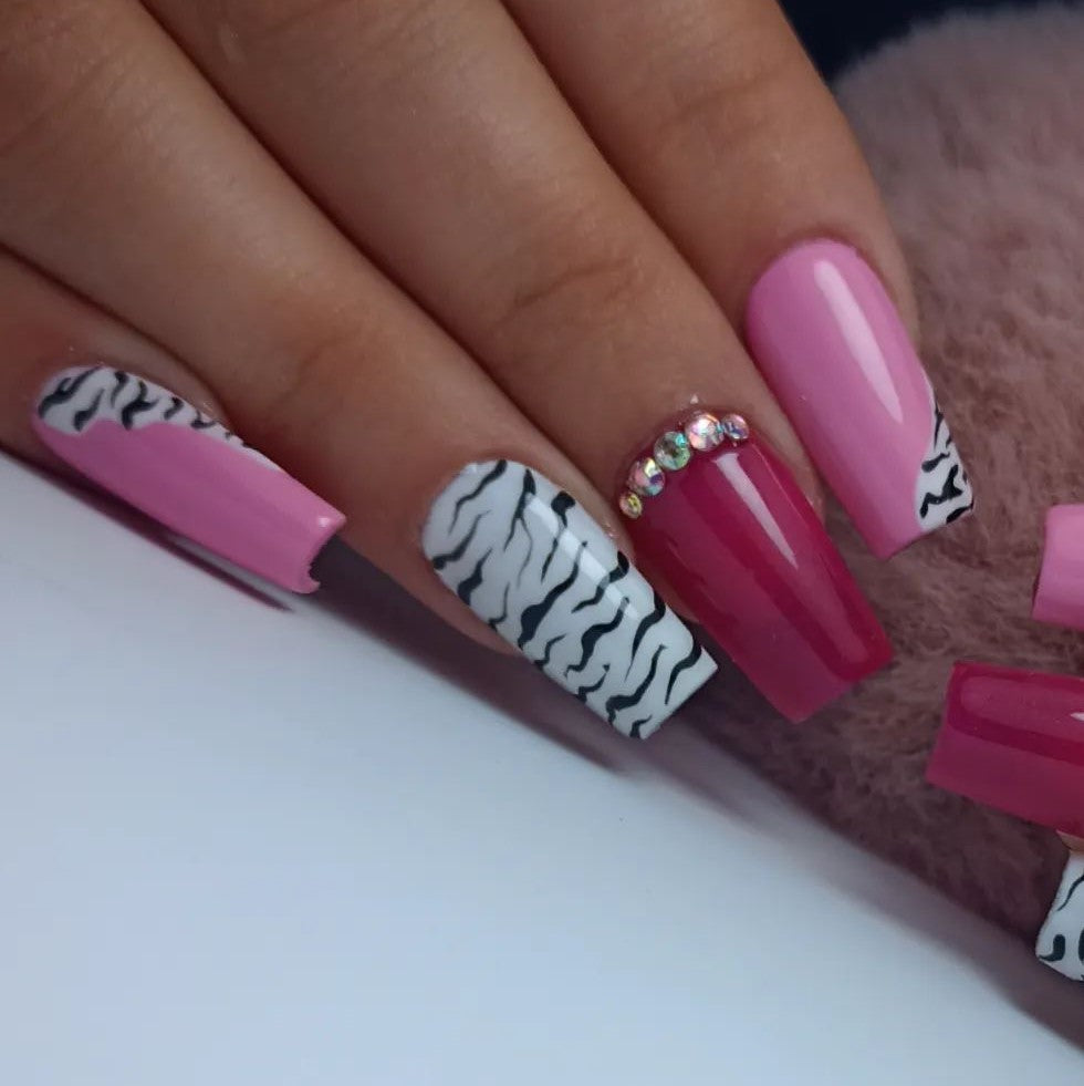 Glossy Pink Studded Printed Press on Fake Nails // tns488