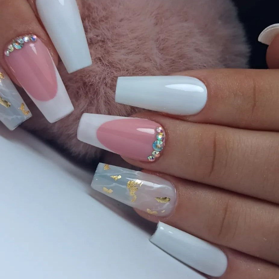 Glossy White French Studded Press on Fake Nails // tns479