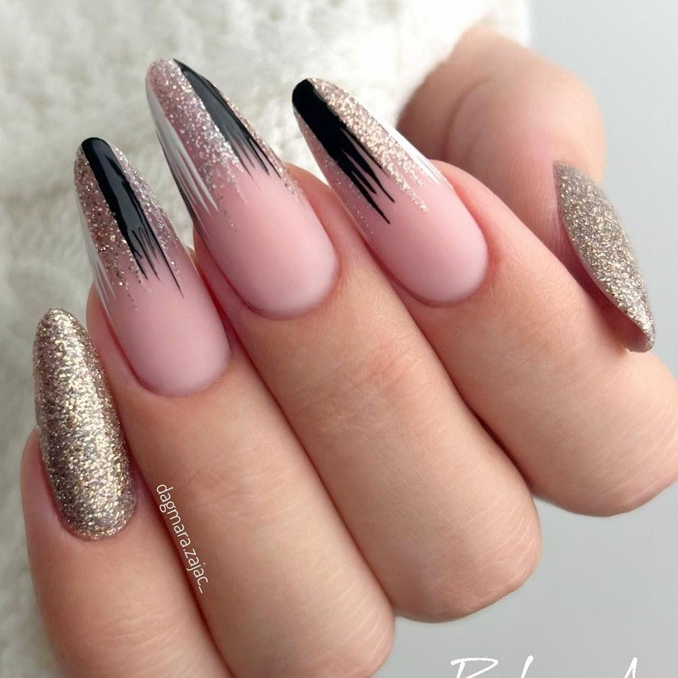 Matte Black Glitter Press on Fake Nails // tns498