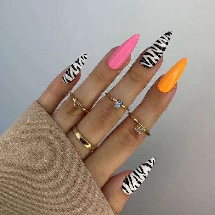 Glossy Pink and Orange Printed Press on Fake Nails // tns440