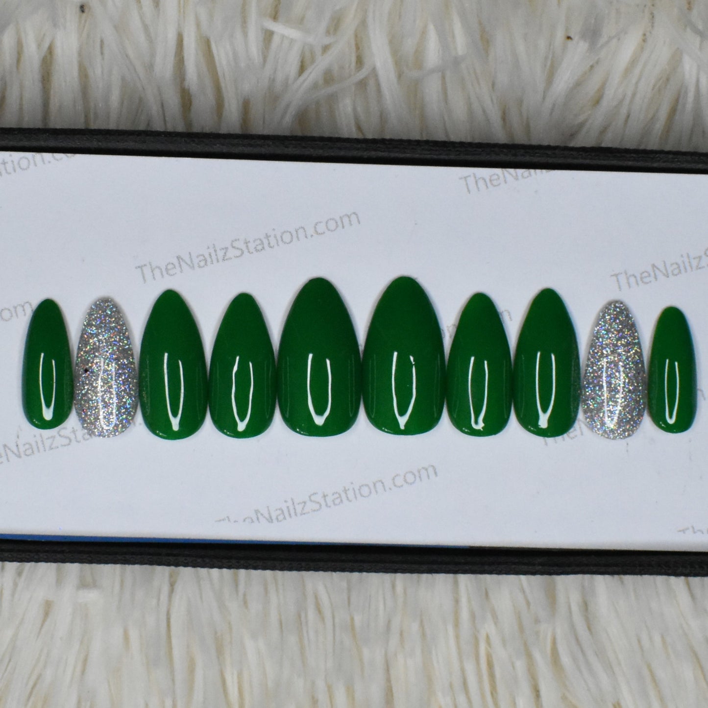 Glossy Green Silver Holographic Glitter Press on Nails Set // 521