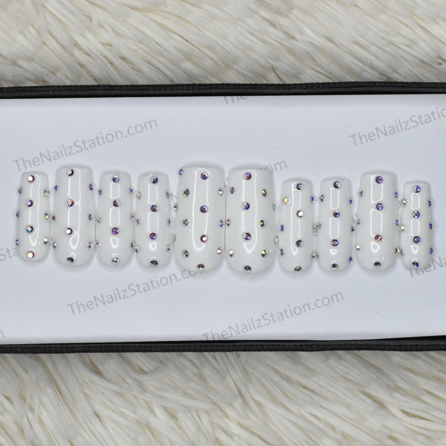 Glossy White Rhinestones Press on Nails Set // 469