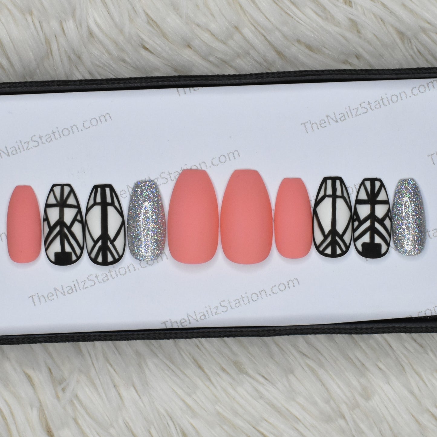 Matte Peach Abstract glitter Press on Nails Set // 476
