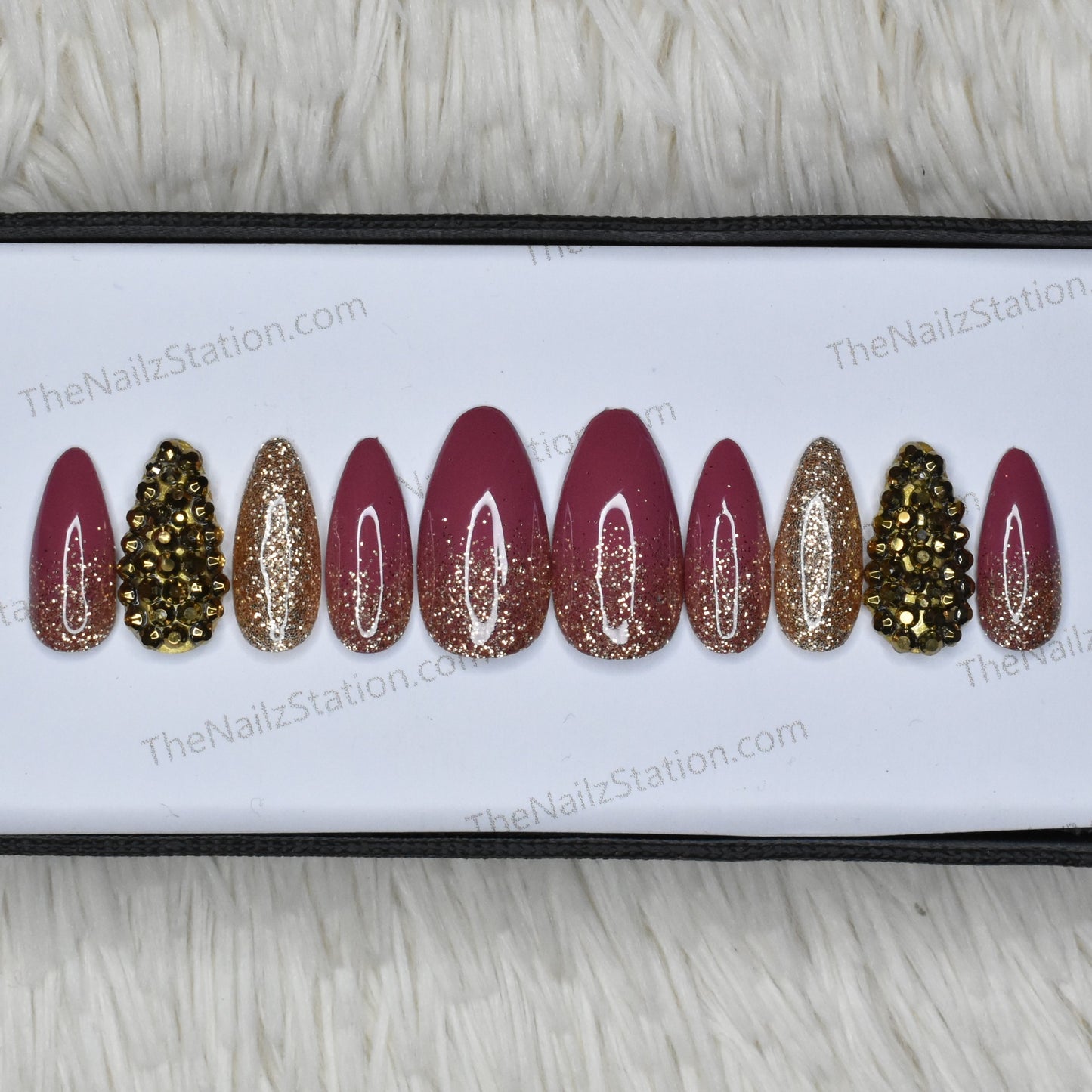 Glossy Pink Glitter and Rhinestones Press on Nails Set // 478