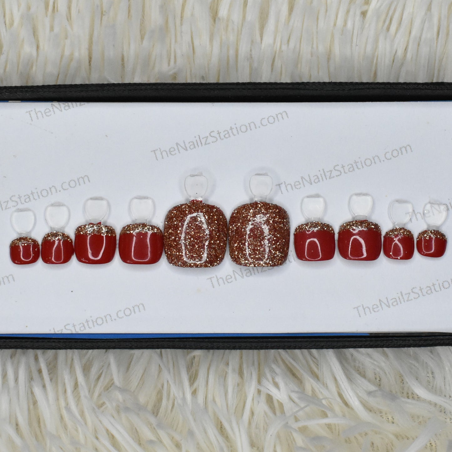 Glossy Red with golden french Press on Toe Nails Set // 382