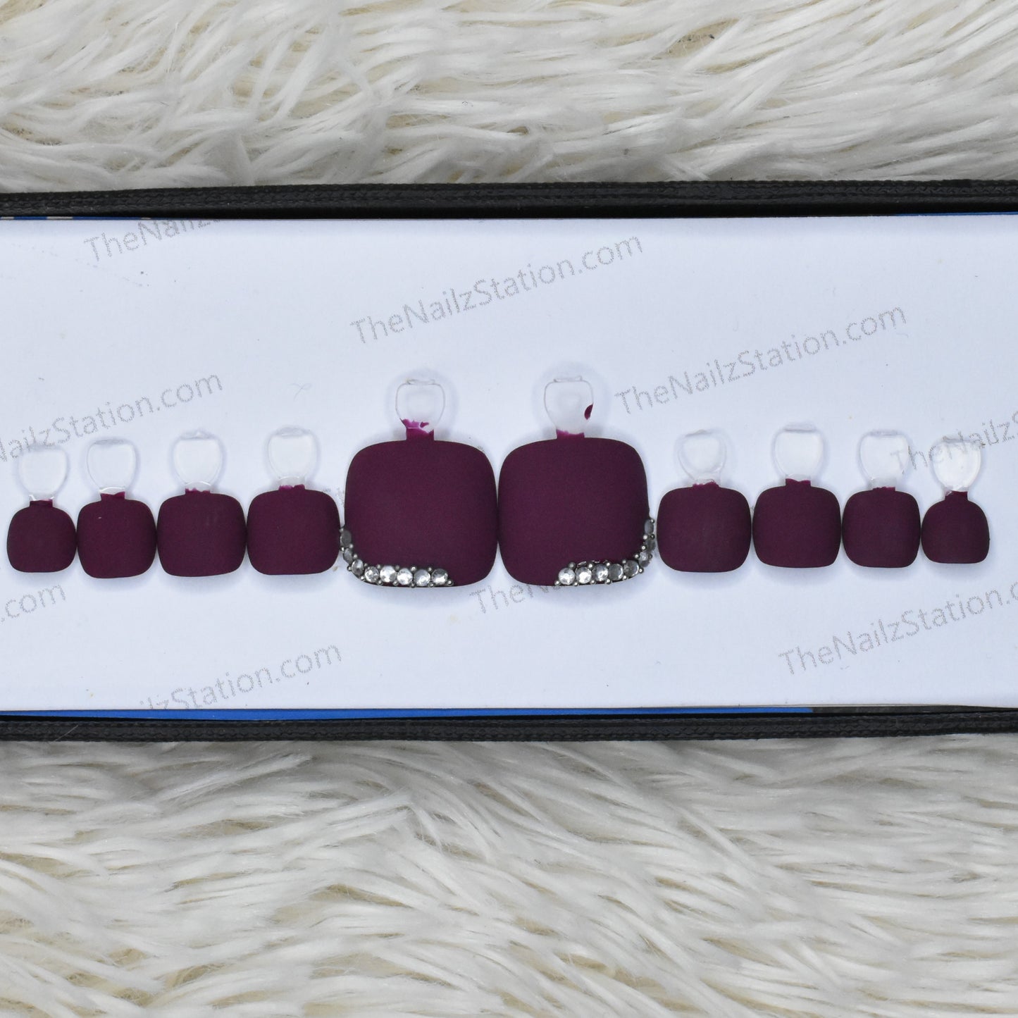 Matte Plum with Rhinestones Accent Press on Toe Nails Set // 210