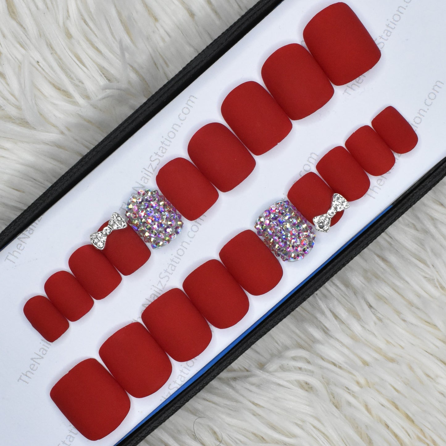 Matte Red with Rhinestones and 3D Bow Press on Nails Set // 206