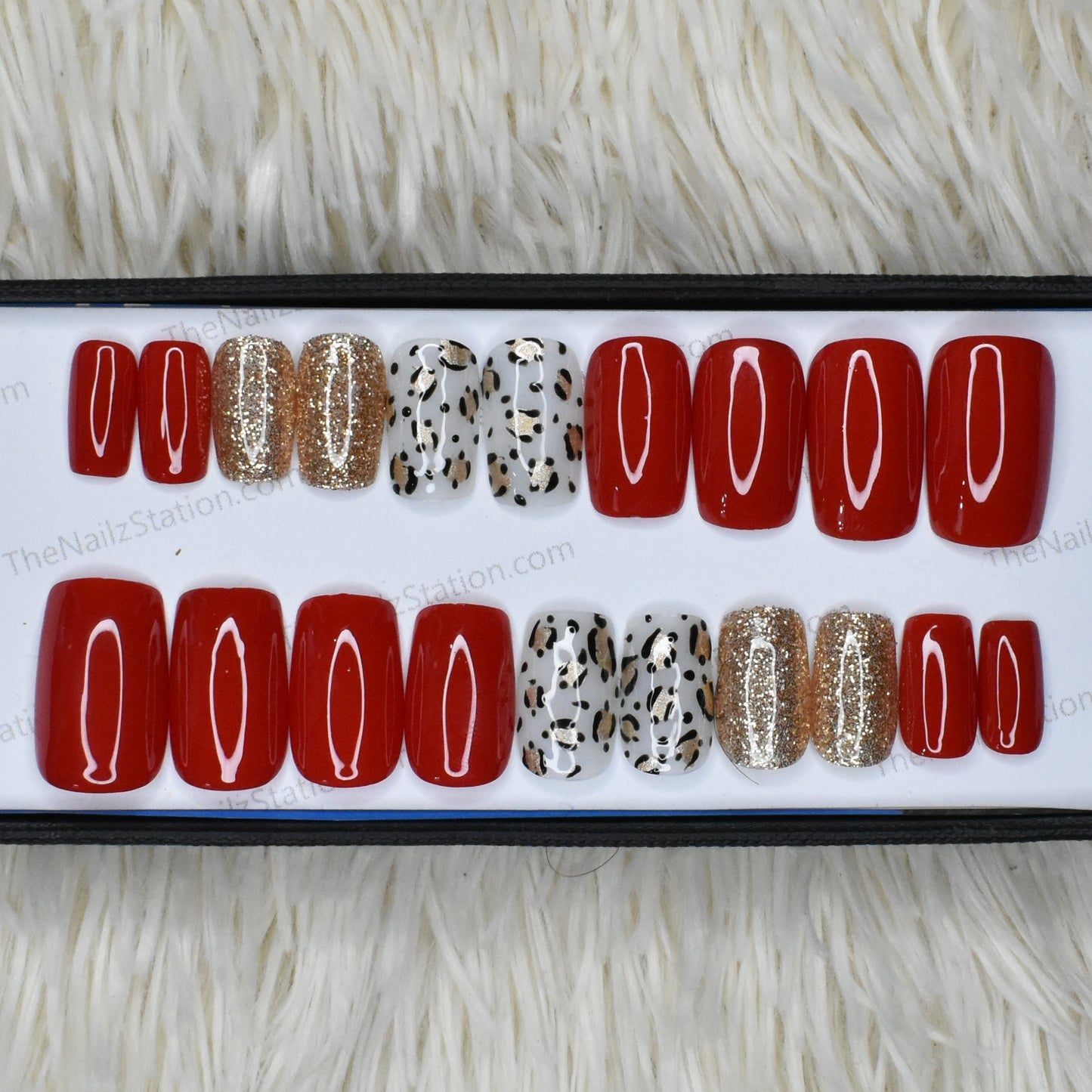 Glossy Red and White Animal Print Glitter Press on Nails // 407