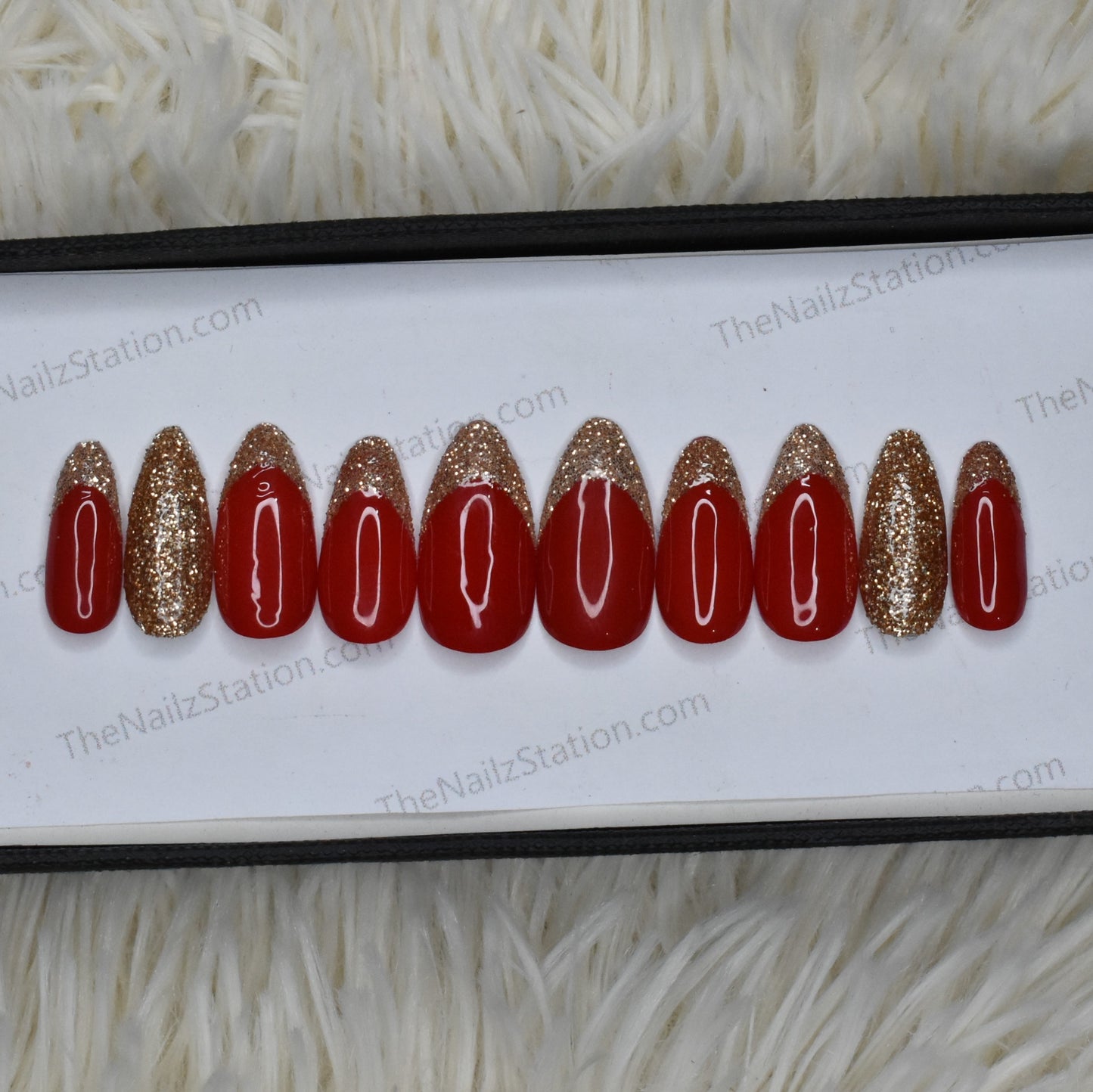 Glossy Red with golden French Press on Nails Set //382