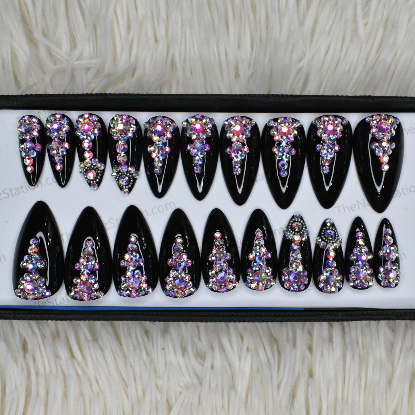 Glossy Black Rhinestones Press on Nails Set