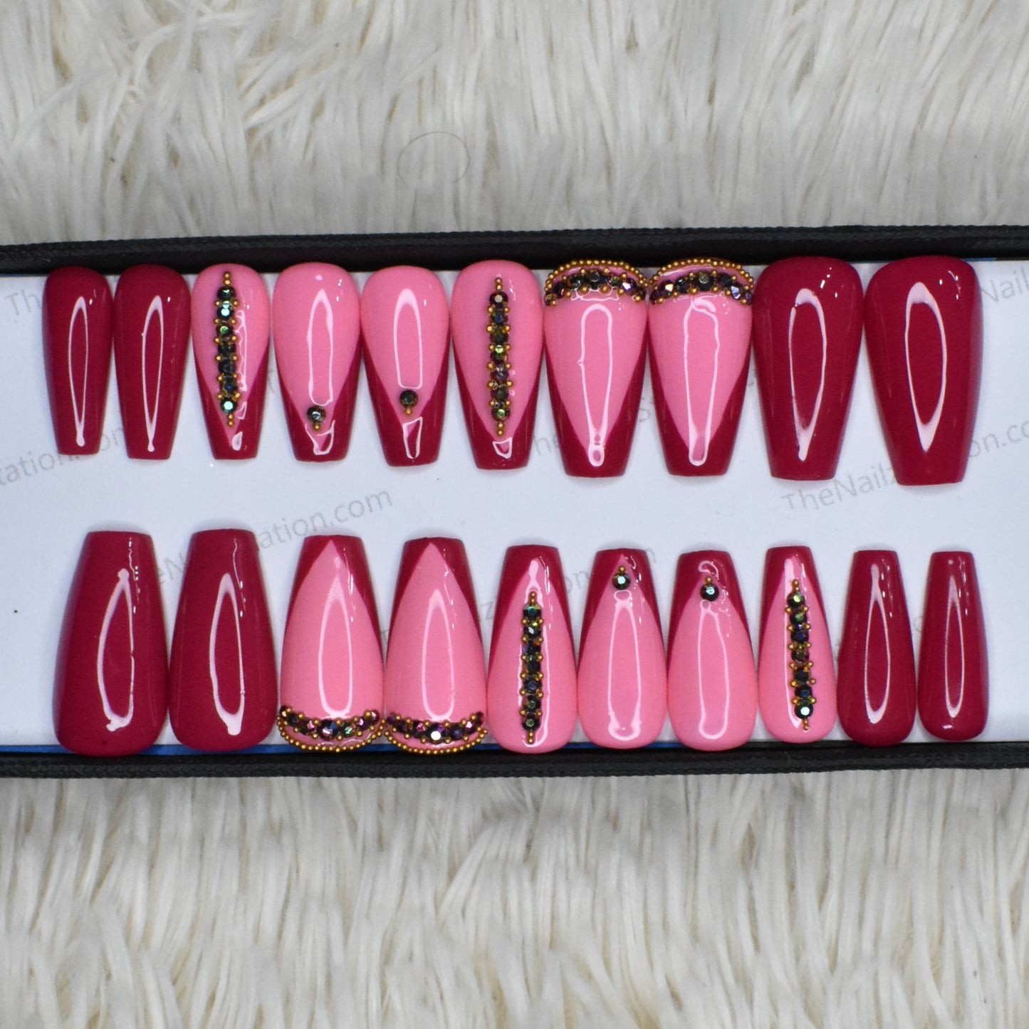 Glossy Pink French Rhinestones Press on Nails Set // 415