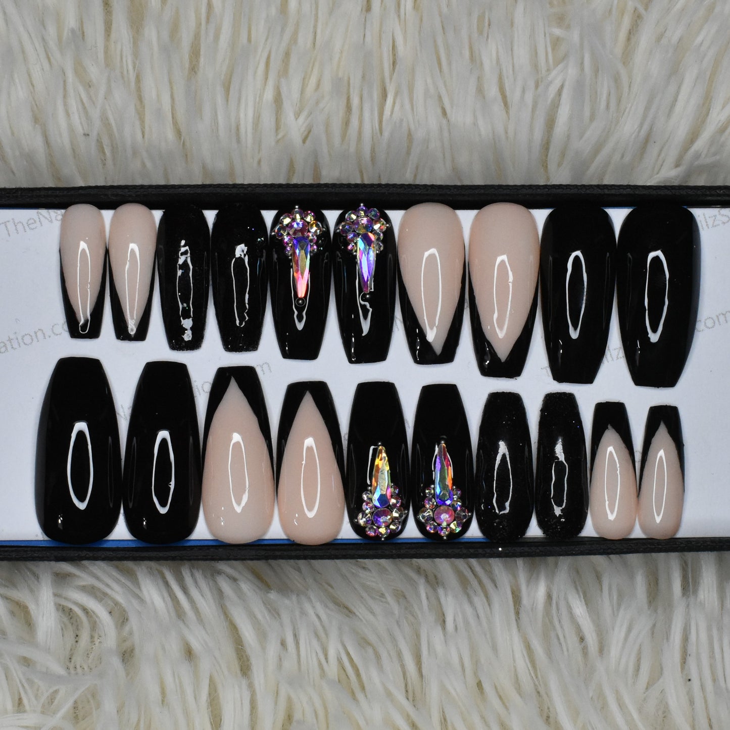 Glossy Black French Glitter Rhinestones Press on Nails Set