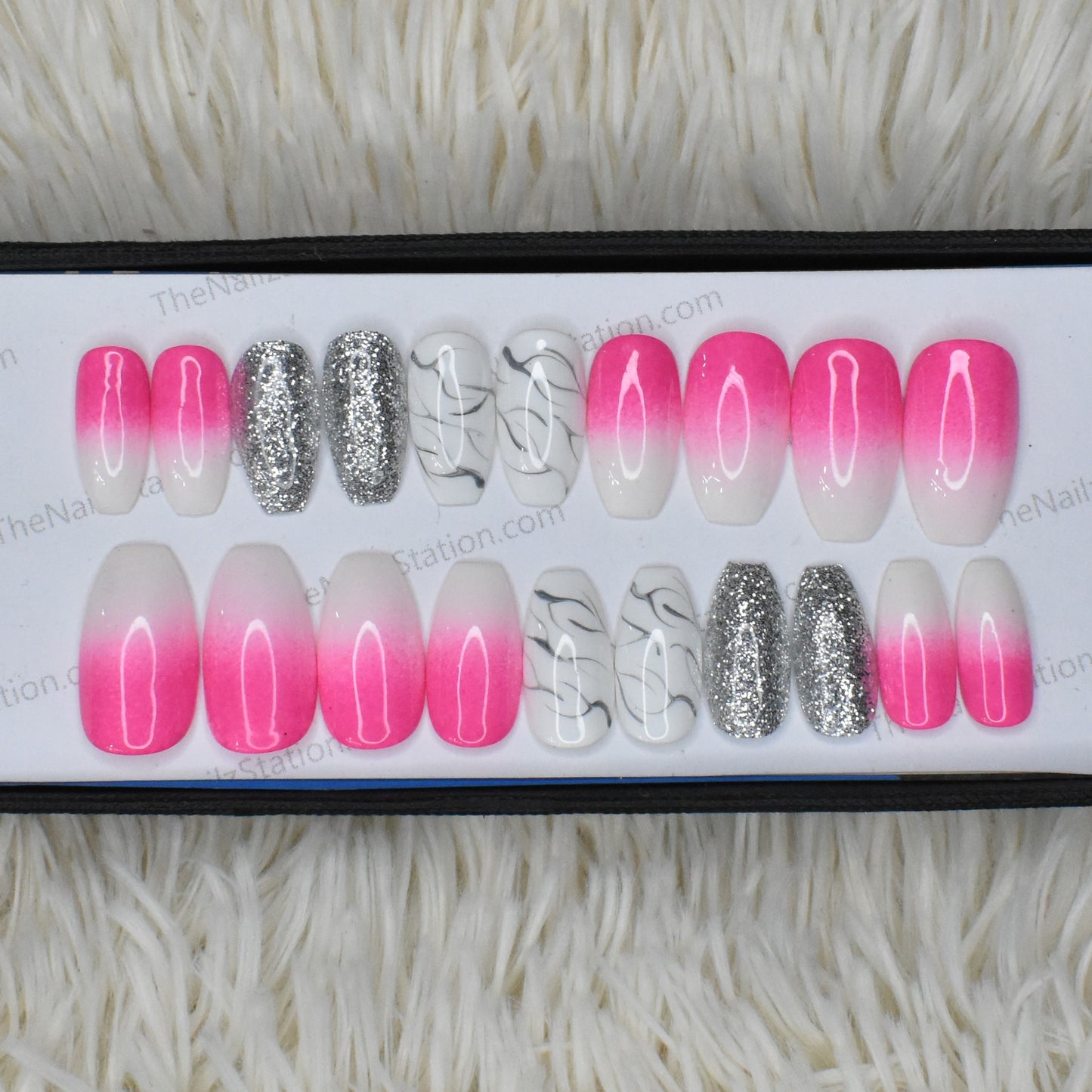 Glossy Pink and White ombre Marble Glitter Press on Nails Set // 427