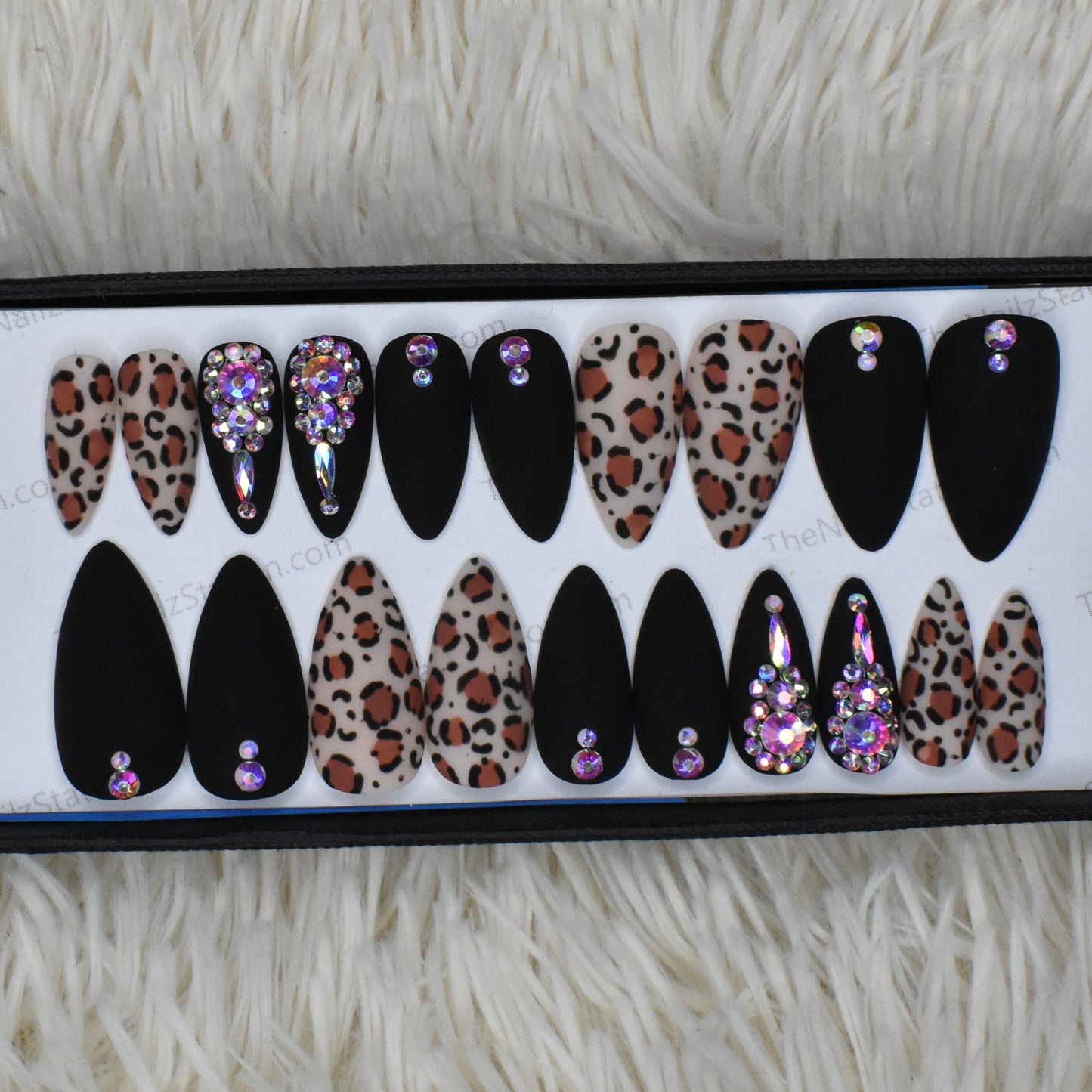 Matte Black Animal Print Rhinestones Press on Nails Set // 421