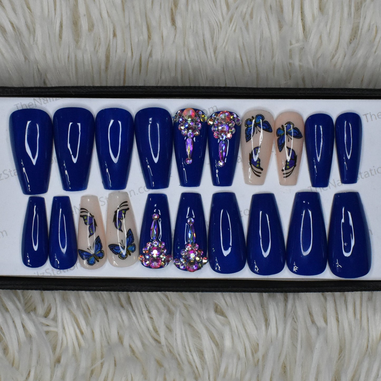 Glossy Blue Butterfly rhinestones Press on Nails Set // 435