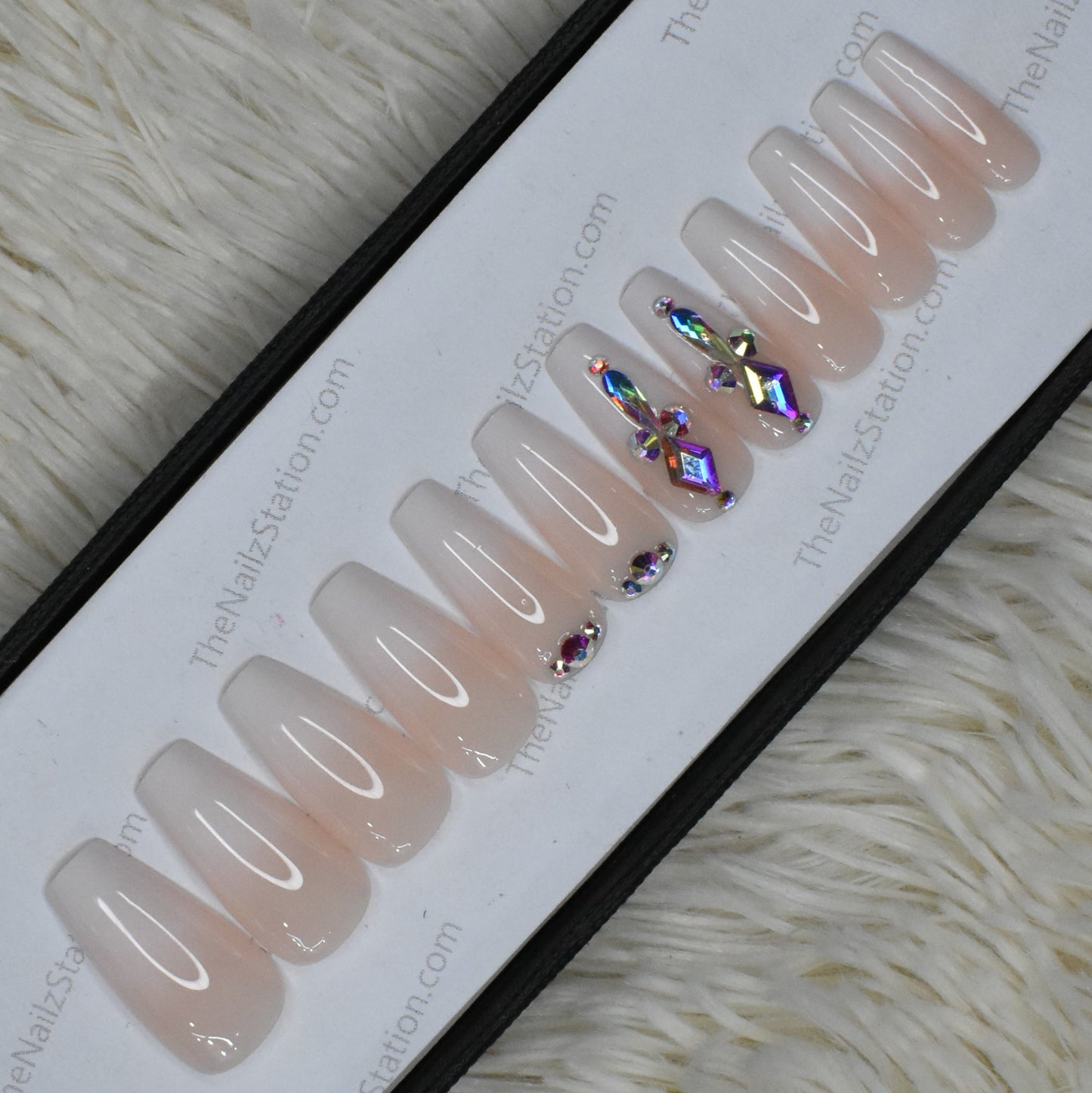 Glossy Nude French Ombre Rhinestones Press on Nails Set in Medium Ballerina (RTS) // 432