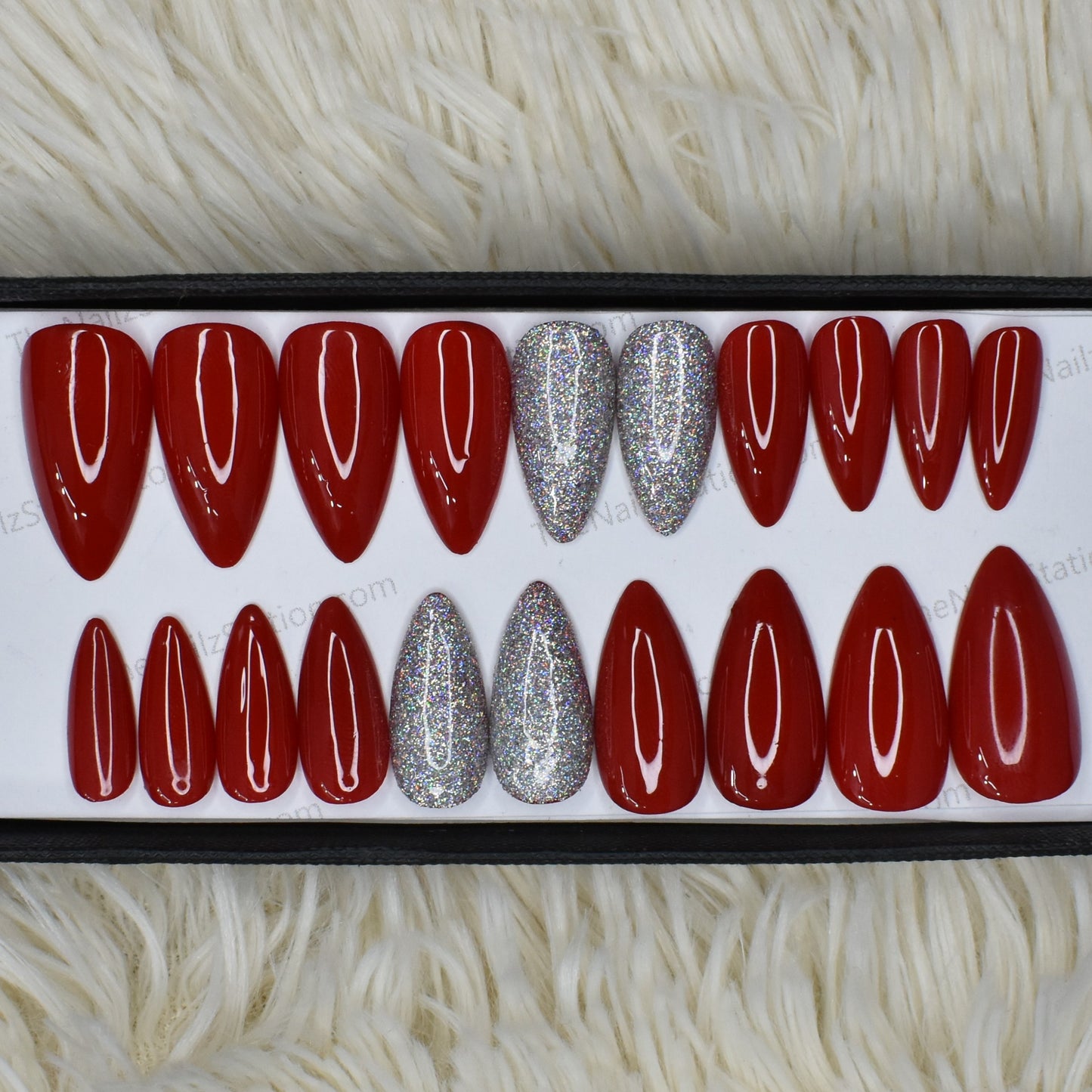 Glossy Red Holographic Glitter Press on Nails Set // 455