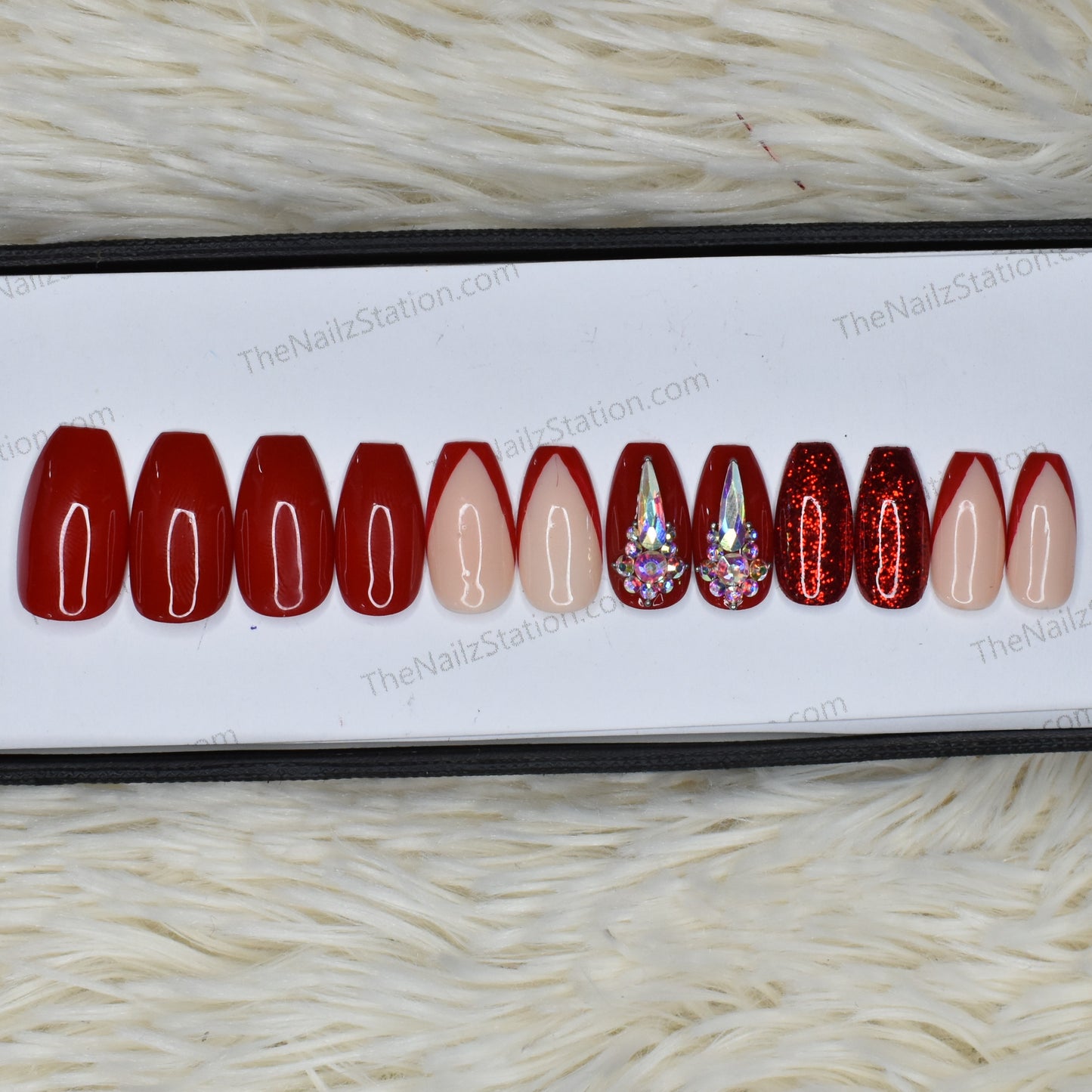 Glossy Red French Glitter Rhinestones Press on Nails Set