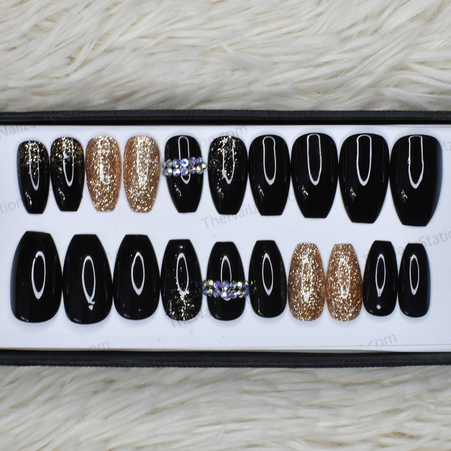Glossy Black Glitter and Rhinestones Press on Nails Set