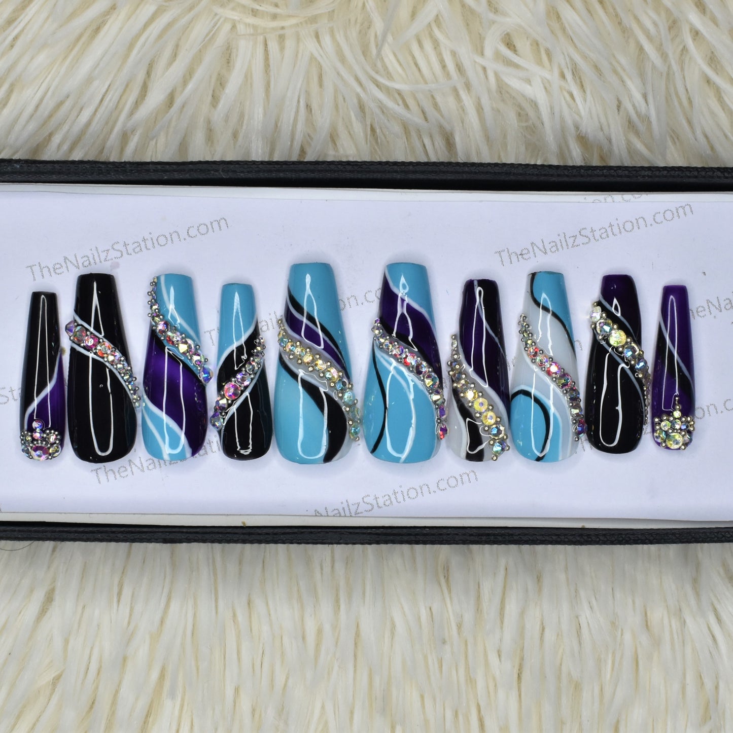 Blue and Purple with Rhinestones Press on Nails Set