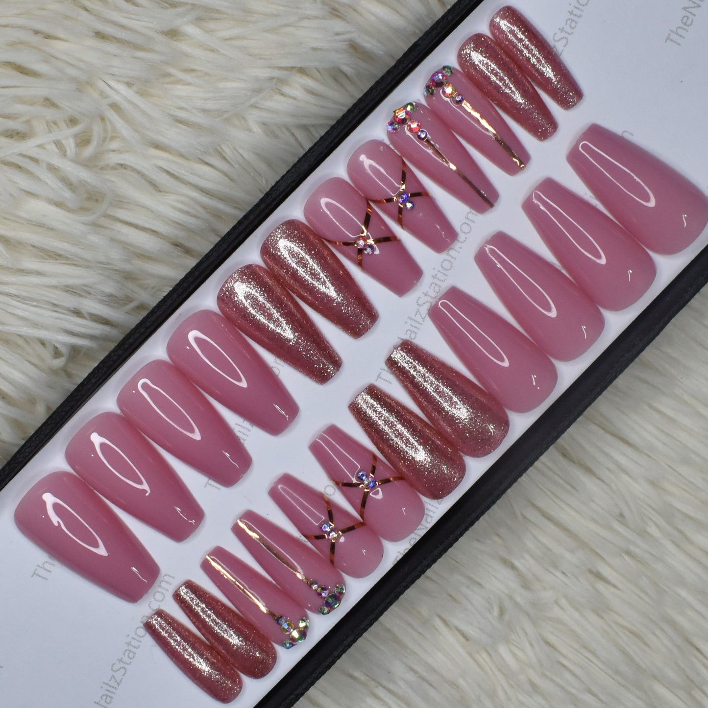 Glossy Pink Shimmer rhinestones Press on Nails Set in Medium Ballerina (RTS) // 458