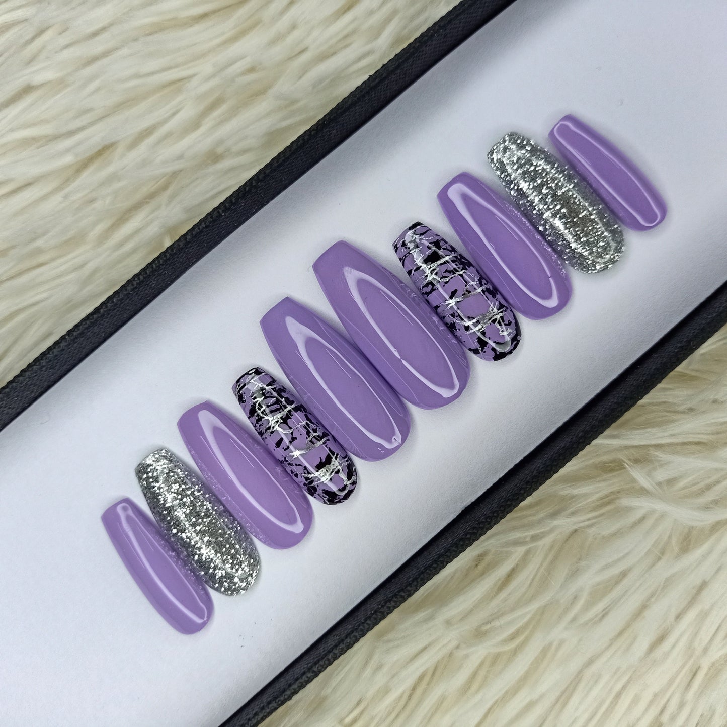 Purple marble and silver glitter accent press on Nails 124