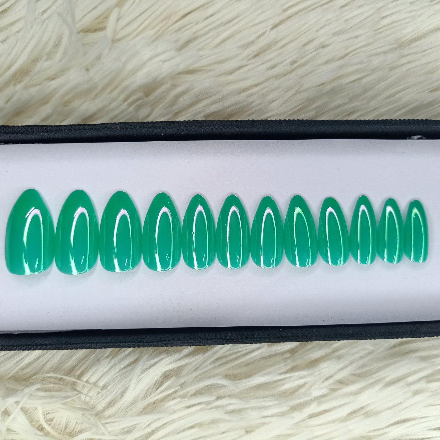 Green Chrome Press on Nails Set in Almond ready to ship 279