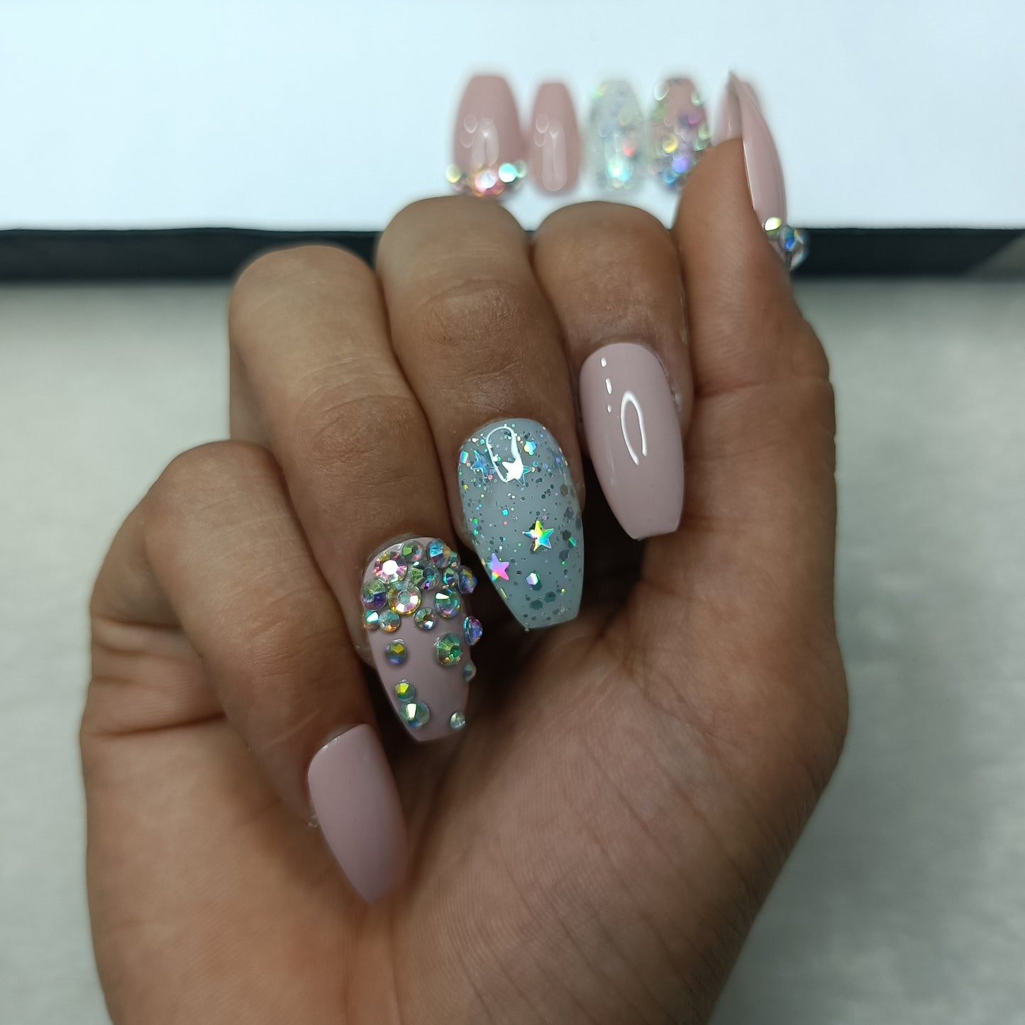 Lux Collection : Glossy Nude Glitter Studded Press on Nails Set // 563