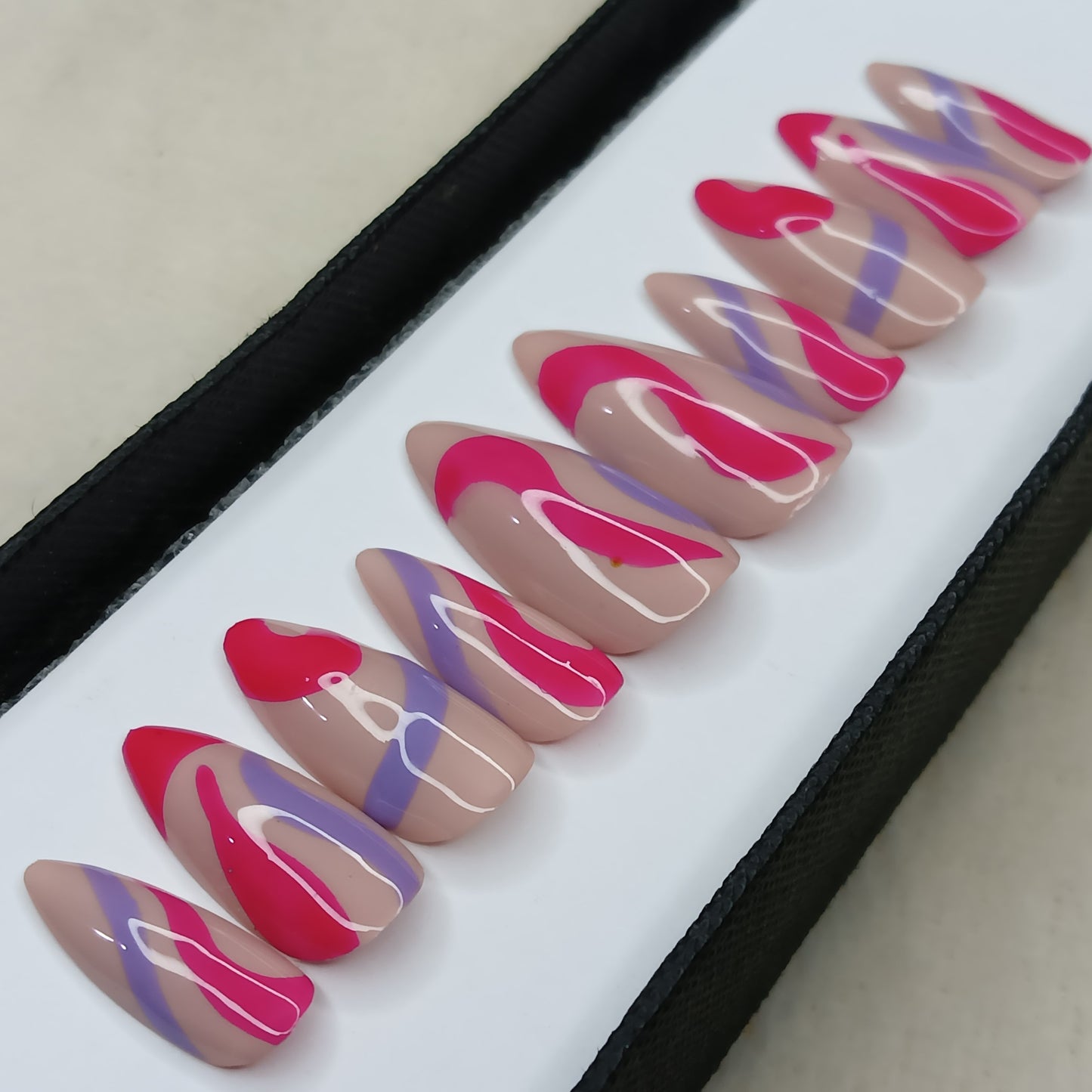 Glossy Nude And Pink Blue Swirl Press on Nails // 998